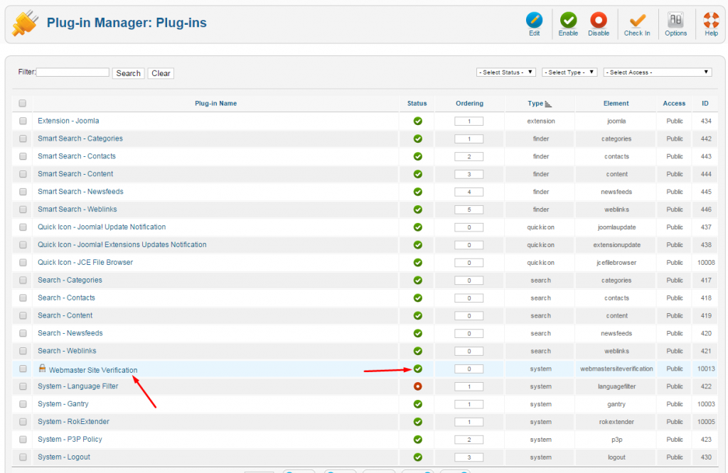 enable webmater site verification plugin
